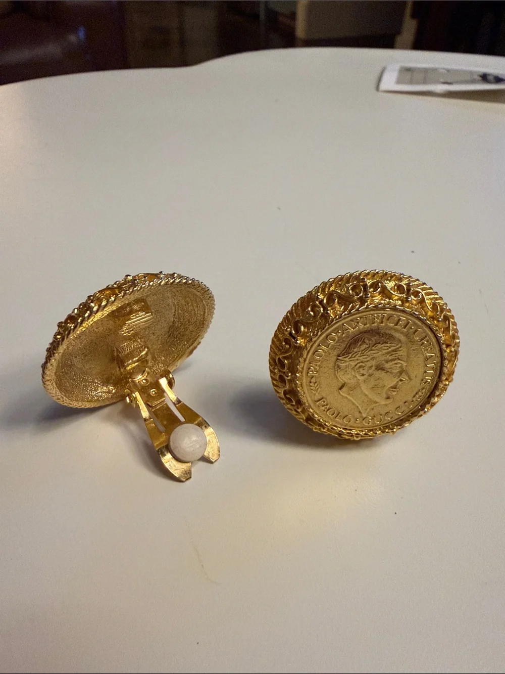 Vintage Paolo Gucci Roman Coin Medallion Clip-On Earrings Gold Tone